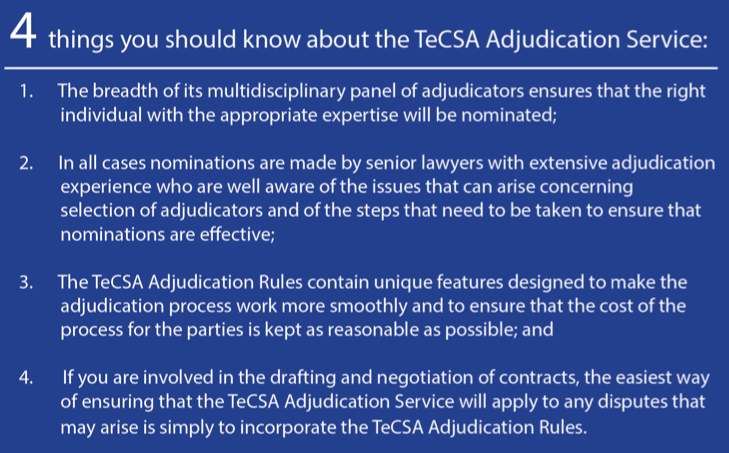 Graphic of four things you should know about the TeCSA Adjudication Service